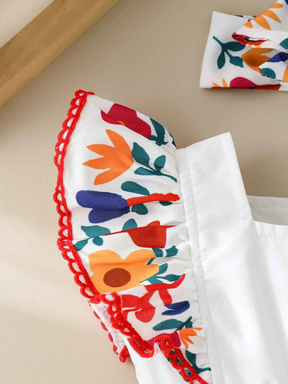 Newborn Baby Newborn Items  Girls Two-Piece Outfits, Flower Print Flying Sleeve Square Neck Bodysuit Romper + headband