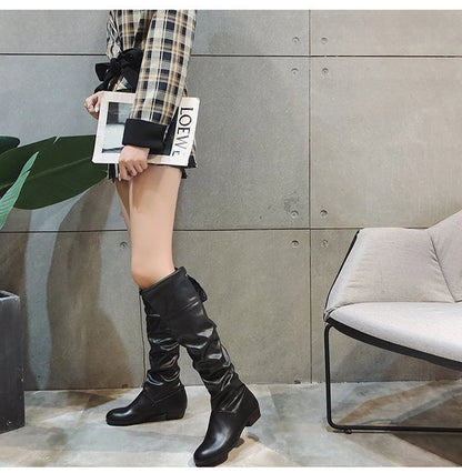 2023 Women’s Knee-High Leather Boots – Red, Black & White Pleated Tall Boots with Low Heel for Casual Streetwear