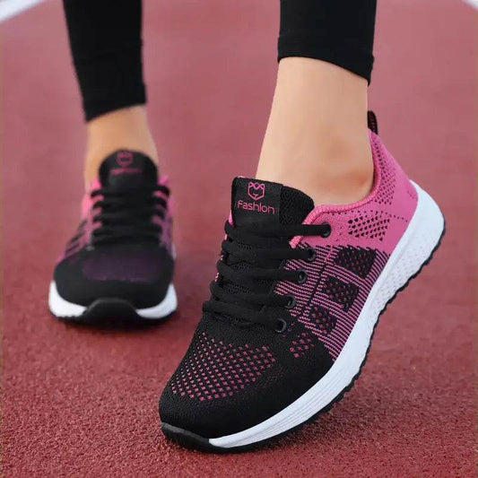 Women Breathable Casual Sneakers Lace Up Flat Walking Shoes - Pink, Black, White - BON's