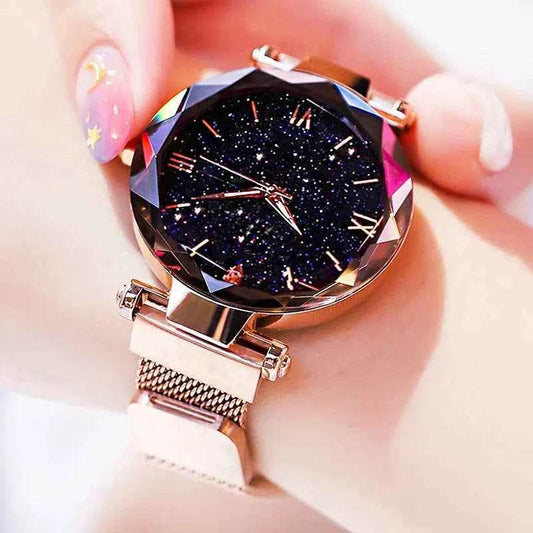 Women's Starry Sky Watch with Magnet Buckle Mesh Belt and Diamond Accents - BON's