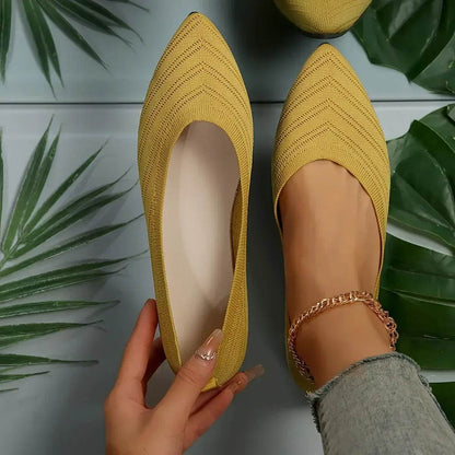 Women Pointed Toe Flat Shoes 2025 New Solid Color Knitted Slip on Shoes Casual Breathable Ballet Flats Women Flat Loafers Shoes - BON's