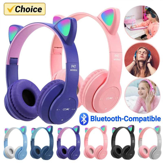 P47M Wireless Cat Ear Headphones with Mic and LED Light - Cute Stereo Bluetooth Headset Gift - BON's