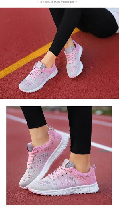 Women Breathable Casual Sneakers Lace Up Flat Walking Shoes - Pink, Black, White - BON's
