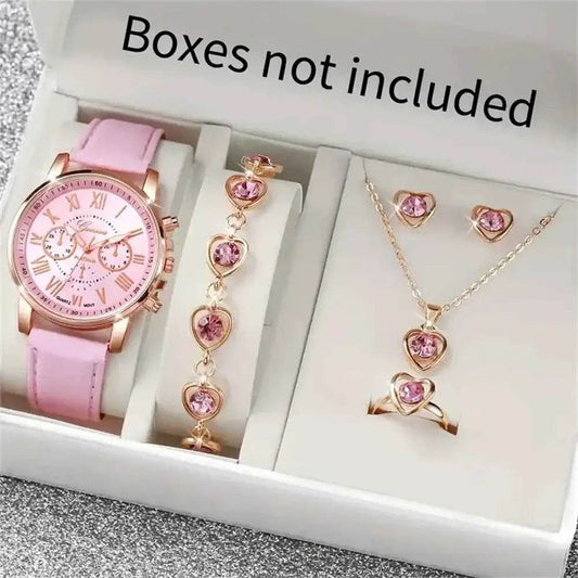6PCS Women's Quartz Watch Set with Leather Band and Heart Rhinestone Jewelry Accents - BON's