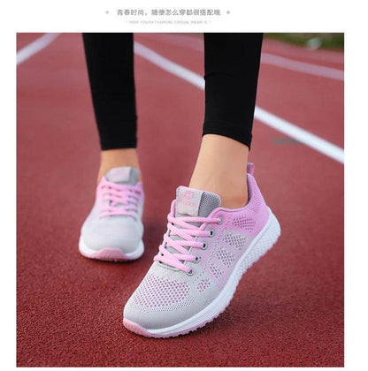 Women Breathable Casual Sneakers Lace Up Flat Walking Shoes - Pink, Black, White - BON's