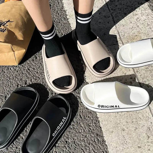 Feslishoet Women Letter Slippers Beach Slides Solid Color Mens Thick Sole Indoor Bathroom Anti Slip Shoes Summer Couple Sandals - BON's