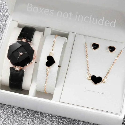 5PCS Set Women's Leather Band Watches Fashion Analog Quartz with Heart Jewelry Set - BON's