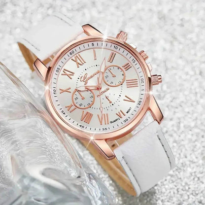 5pcs/set Women's Casual Quartz Watch Set with PU Leather Wrist Watch & Faux Pearl Jewelry, Perfect Gift for Mom - BON's