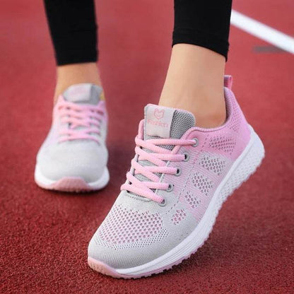 Women Breathable Casual Sneakers Lace Up Flat Walking Shoes - Pink, Black, White - BON's