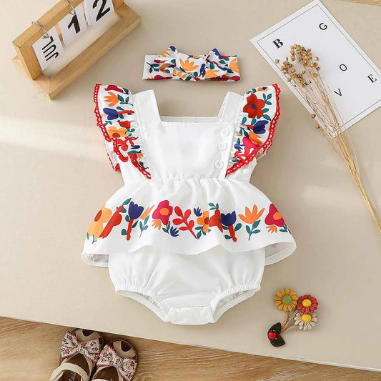 Newborn Baby Newborn Items  Girls Two-Piece Outfits, Flower Print Flying Sleeve Square Neck Bodysuit Romper + headband
