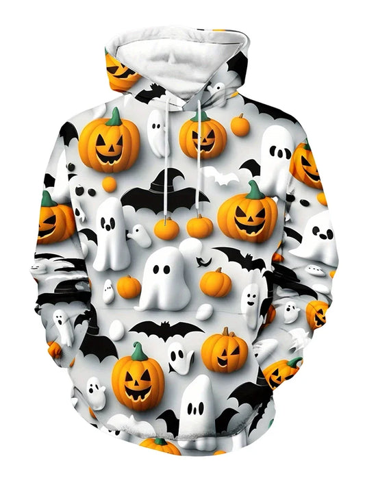 Men’s Halloween Hoodie – 3D Pumpkin & Bat Print | Autumn Winter Pullover Sweatshirt with Hood