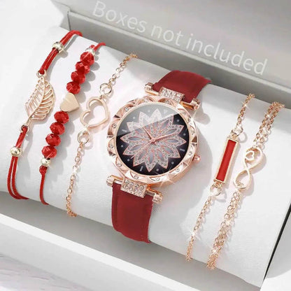 6PCS Women's Fashion Watch Set – Roma Heart Dial Leather Band Quartz Watches with Leaf Bracelets - BON's