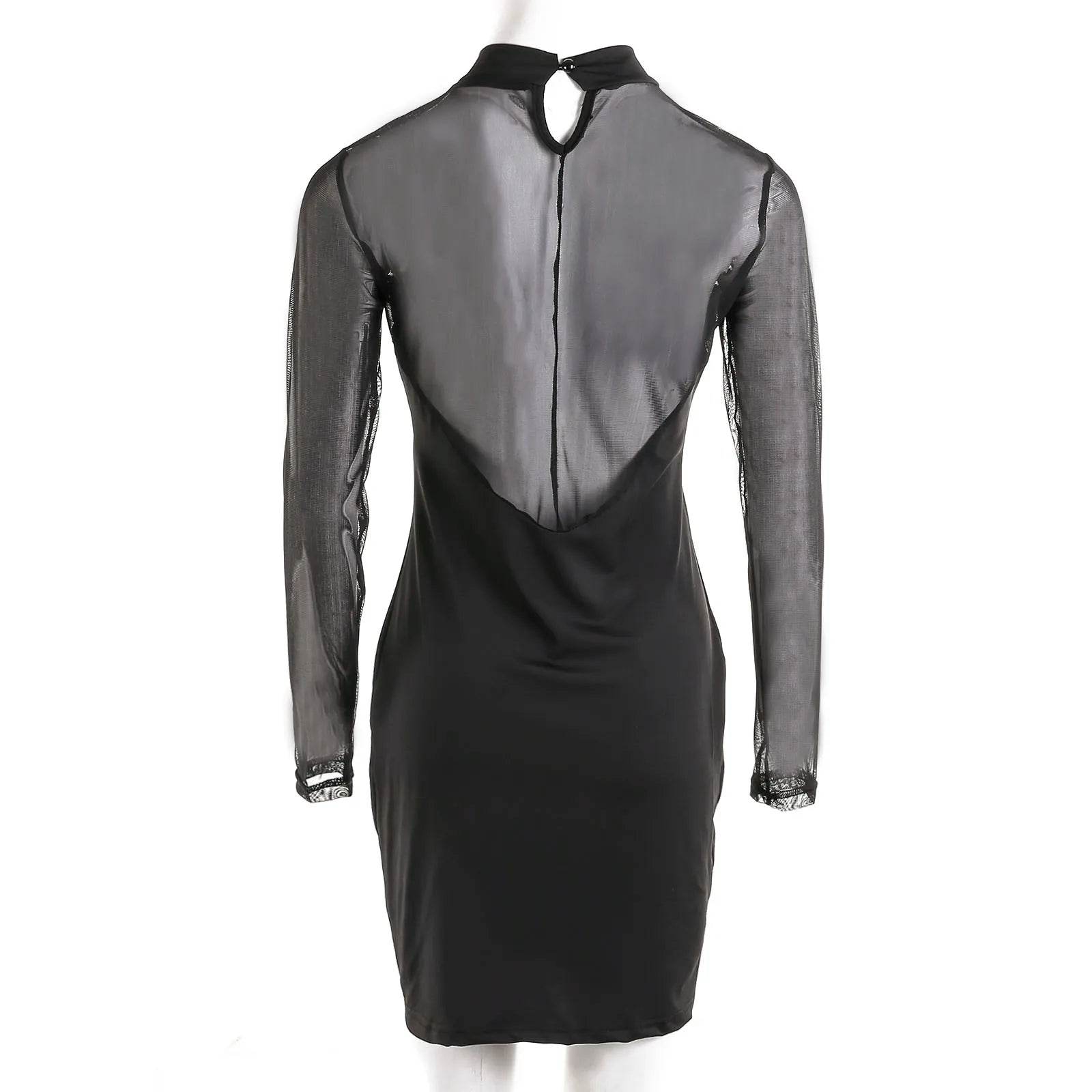 Women Lace Mock Neck Dress Solid Color Long Sleeve See Through Mesh for Cocktail Parties Bars Night Clubs - BON's