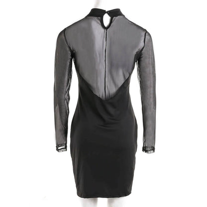 Women Lace Mock Neck Dress Solid Color Long Sleeve See Through Mesh for Cocktail Parties Bars Night Clubs - BON's