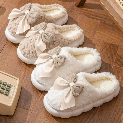 Winter Fur Slippers for Women with Cute Bow - Non-Slip Soft Plush Comfort Flat Heel Indoor Shoes - BON's