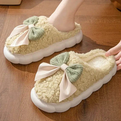 Winter Fur Slippers for Women with Cute Bow - Non-Slip Soft Plush Comfort Flat Heel Indoor Shoes - BON's