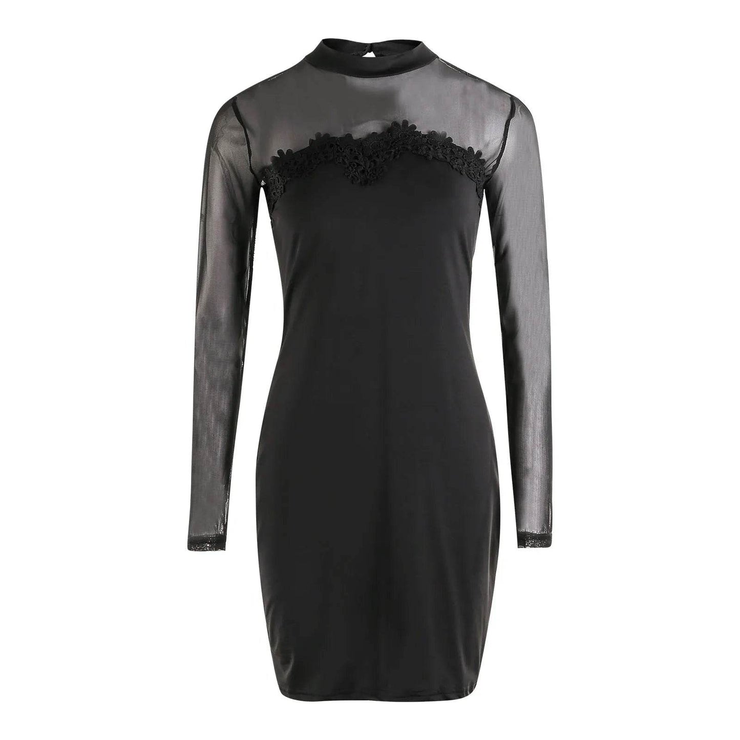 Women Lace Mock Neck Dress Solid Color Long Sleeve See Through Mesh for Cocktail Parties Bars Night Clubs - BON's