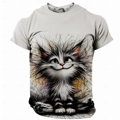 Men’s Funny Cat T-Shirt – 3D Print Crew Neck | Retro Vintage Short Sleeve for Spring & Summer Streetwear