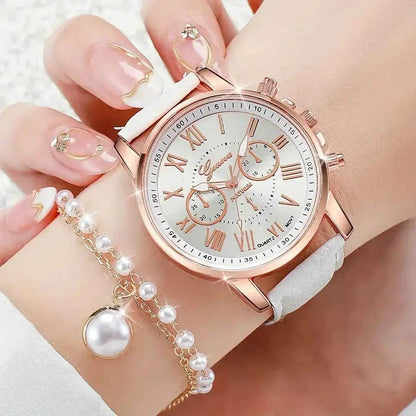 5pcs/set Women's Casual Quartz Watch Set with PU Leather Wrist Watch & Faux Pearl Jewelry, Perfect Gift for Mom - BON's