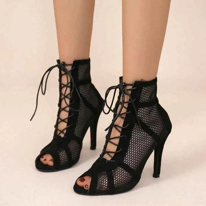 Sexy High Heels Hollow Mesh Sandals Women Summer Cross-tied Peep Toe Heeled Sandals Ankle Strap Dance Shoes Black Net Sandals - BON's