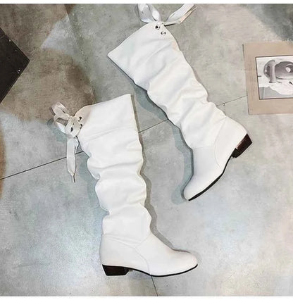 2023 Women’s Knee-High Leather Boots – Red, Black & White Pleated Tall Boots with Low Heel for Casual Streetwear