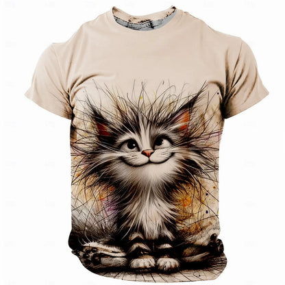 Men’s Funny Cat T-Shirt – 3D Print Crew Neck | Retro Vintage Short Sleeve for Spring & Summer Streetwear