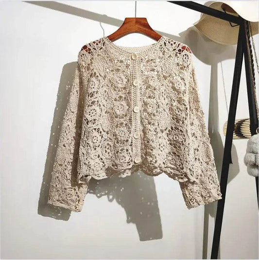 Korean Lace Cardigan for Women - 2024 Spring and Summer O Neck Long Sleeve Casual Hollow Shawl Cotton Top - BON's