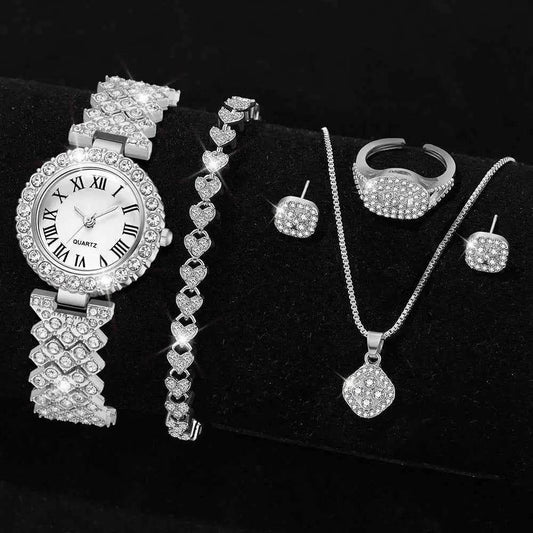 Silver Women's Watch Set - 6PCS Luxury Dial Quartz Jewelry Gift for Her - BON's