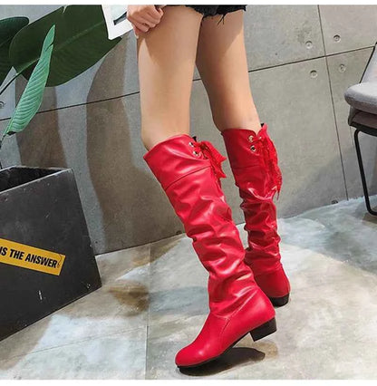 2023 Women’s Knee-High Leather Boots – Red, Black & White Pleated Tall Boots with Low Heel for Casual Streetwear