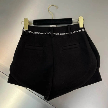 Pantalones Cortos De Mujer Patchwork Shorts for Women New Bottoms Letter Chain High Waist Slim Fit Korean Woolen Pants - BON's