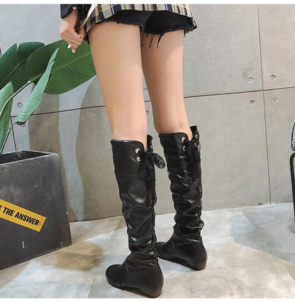 2023 Women’s Knee-High Leather Boots – Red, Black & White Pleated Tall Boots with Low Heel for Casual Streetwear