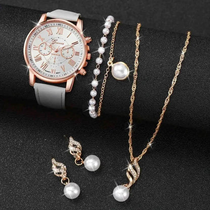 5pcs/set Women's Casual Quartz Watch Set with PU Leather Wrist Watch & Faux Pearl Jewelry, Perfect Gift for Mom - BON's