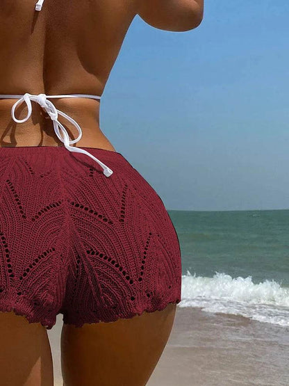 Polyester100.00% Hollow Drawstring Open Waist Knitted Bikini Blocked Women's Shorts - BON's