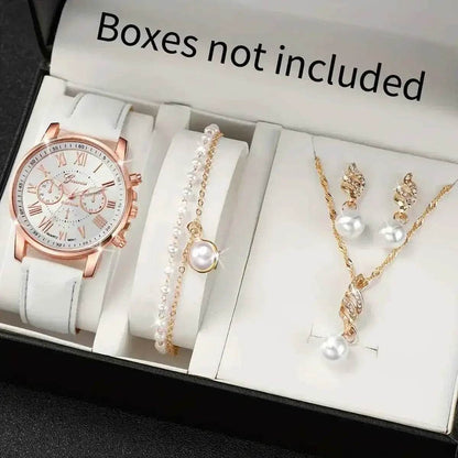 5pcs/set Women's Casual Quartz Watch Set with PU Leather Wrist Watch & Faux Pearl Jewelry, Perfect Gift for Mom - BON's
