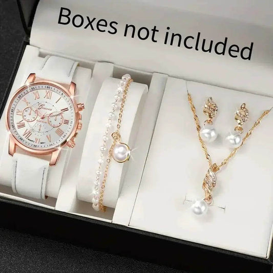 5pcs/set Women's Casual Quartz Watch Set with PU Leather Wrist Watch & Faux Pearl Jewelry, Perfect Gift for Mom - BON's