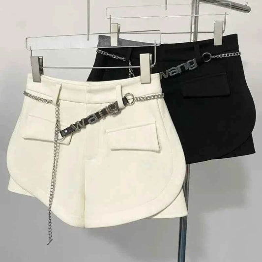 Pantalones Cortos De Mujer Patchwork Shorts for Women New Bottoms Letter Chain High Waist Slim Fit Korean Woolen Pants - BON's