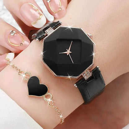 5PCS Set Women's Leather Band Watches Fashion Analog Quartz with Heart Jewelry Set - BON's