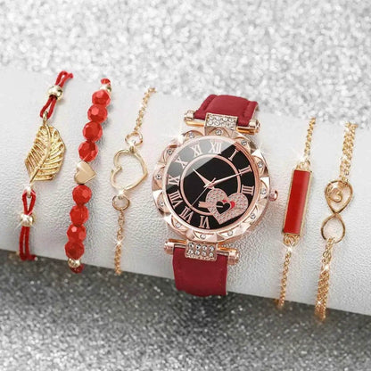 6PCS Women's Fashion Watch Set – Roma Heart Dial Leather Band Quartz Watches with Leaf Bracelets - BON's