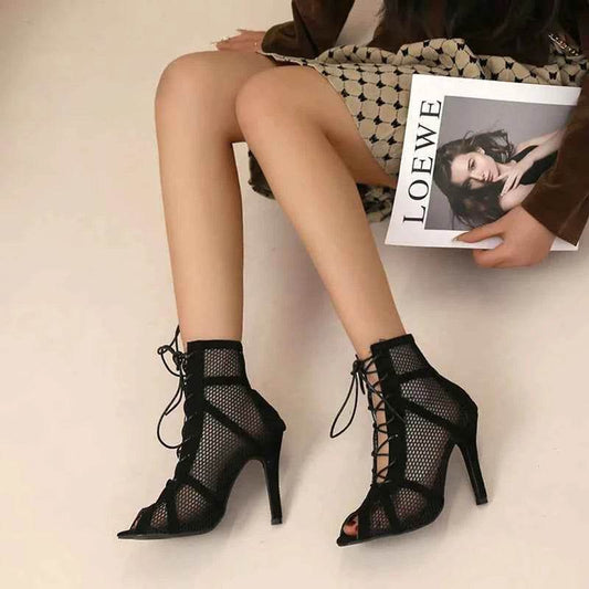 Sexy High Heels Hollow Mesh Sandals Women Summer Cross-tied Peep Toe Heeled Sandals Ankle Strap Dance Shoes Black Net Sandals - BON's
