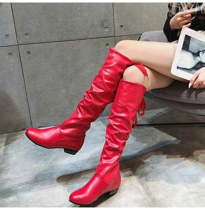 2023 Women’s Knee-High Leather Boots – Red, Black & White Pleated Tall Boots with Low Heel for Casual Streetwear