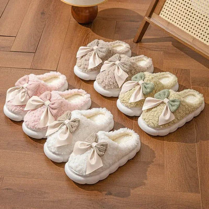 Winter Fur Slippers for Women with Cute Bow - Non-Slip Soft Plush Comfort Flat Heel Indoor Shoes - BON's