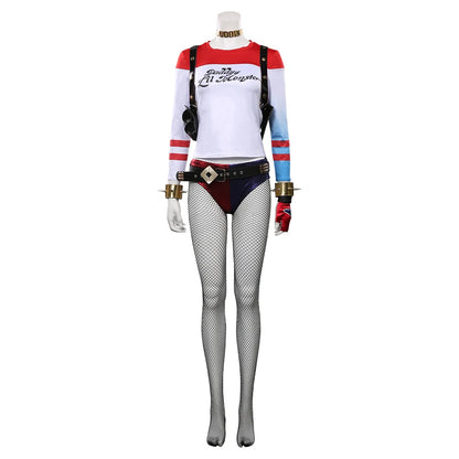 Quinzel Cosplay Costume Fantasia Super Villain Adult Women Coat Belt Neckband Roleplay Outfits Halloween Carnival Party Suit