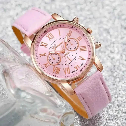 6PCS Women's Quartz Watch Set with Leather Band and Heart Rhinestone Jewelry Accents - BON's