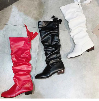 2023 Women’s Knee-High Leather Boots – Red, Black & White Pleated Tall Boots with Low Heel for Casual Streetwear