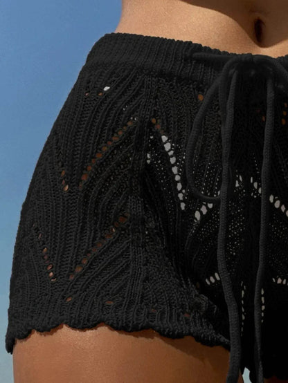 Polyester100.00% Hollow Drawstring Open Waist Knitted Bikini Blocked Women's Shorts - BON's