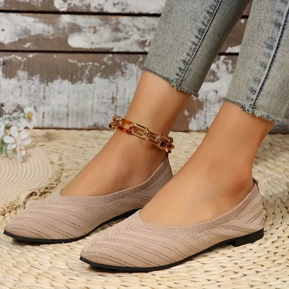 Women Pointed Toe Flat Shoes 2025 New Solid Color Knitted Slip on Shoes Casual Breathable Ballet Flats Women Flat Loafers Shoes - BON's