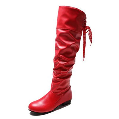 2023 Women’s Knee-High Leather Boots – Red, Black & White Pleated Tall Boots with Low Heel for Casual Streetwear