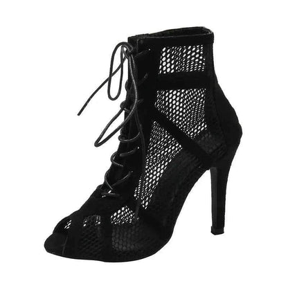 Sexy High Heels Hollow Mesh Sandals Women Summer Cross-tied Peep Toe Heeled Sandals Ankle Strap Dance Shoes Black Net Sandals - BON's