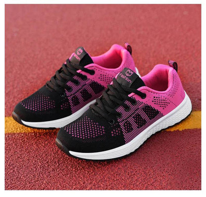 Women Breathable Casual Sneakers Lace Up Flat Walking Shoes - Pink, Black, White - BON's