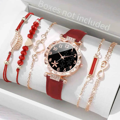 6PCS Women's Fashion Watch Set – Roma Heart Dial Leather Band Quartz Watches with Leaf Bracelets - BON's